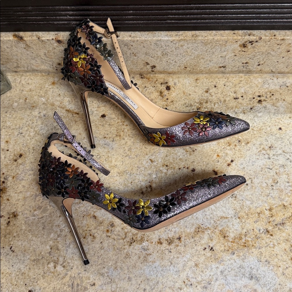Jimmy Choo Floral Embellished Lorelai glitter heels 38.5 - Picture 6 of 17